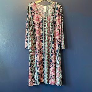 Island Girl Patterned Blue & Pink 3/4 Sleeve Midi Stretch Dress Size Large